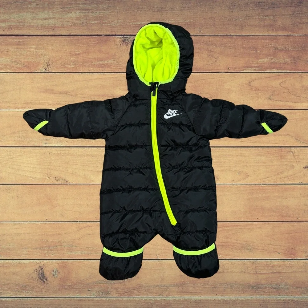 Nike Baby Bunting Snowsuit‎ Newborn Black Neon Yellow Puffer Hooded F422-023